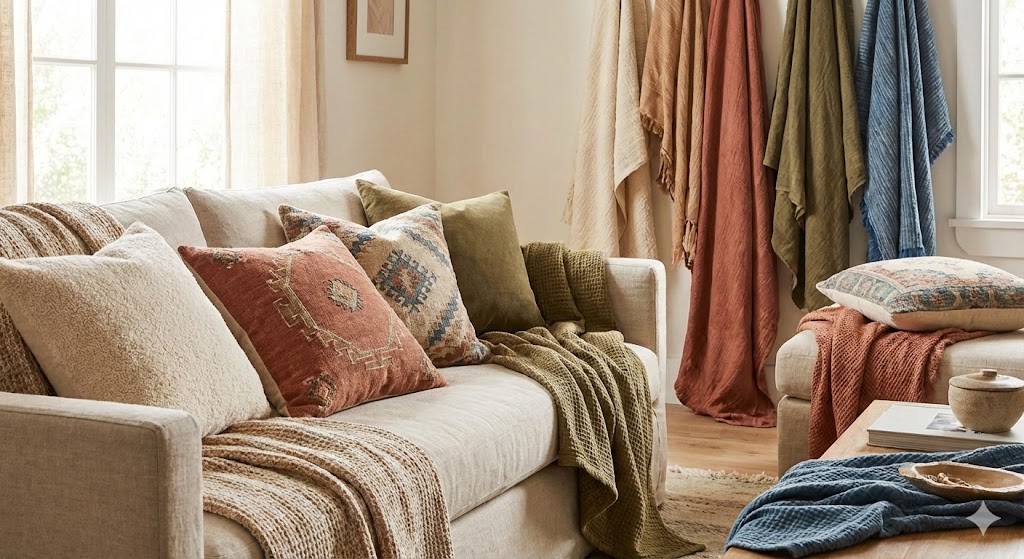 Textil inredning med kuddar